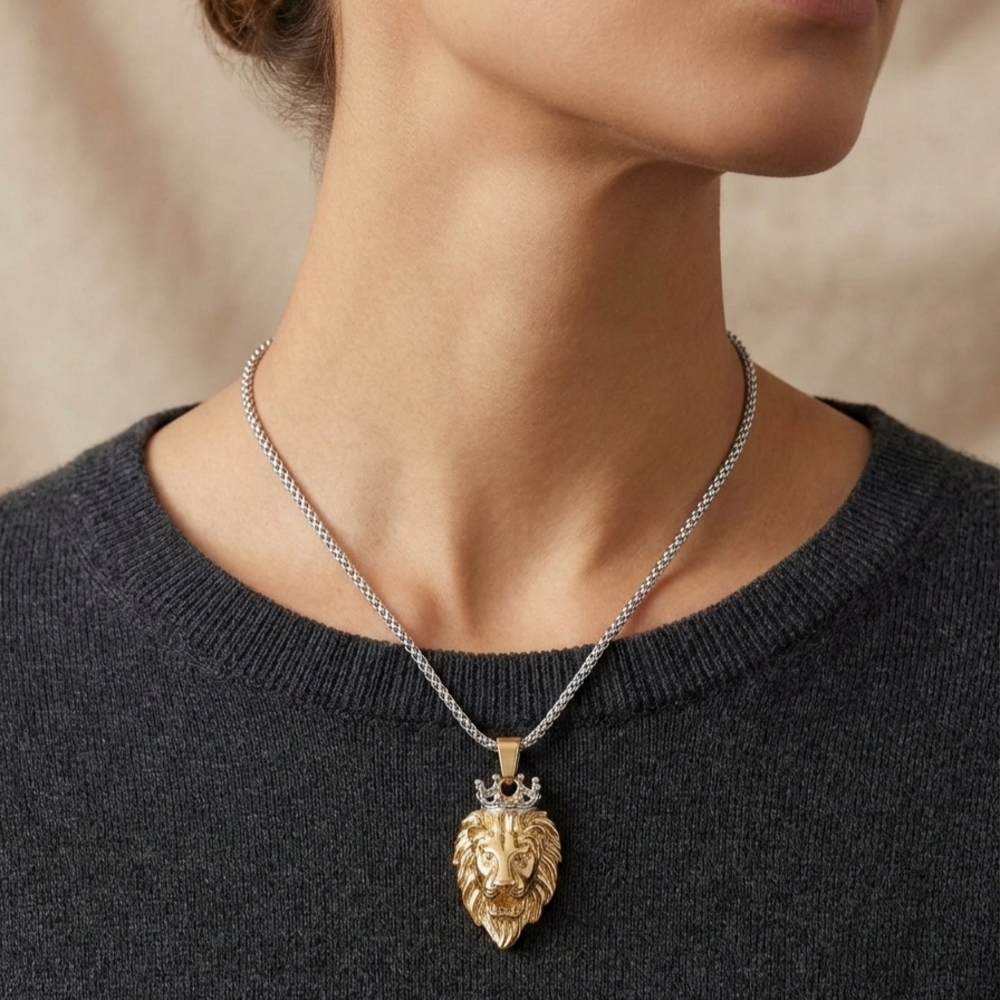 Gold and Silver Lion Pendant Necklace